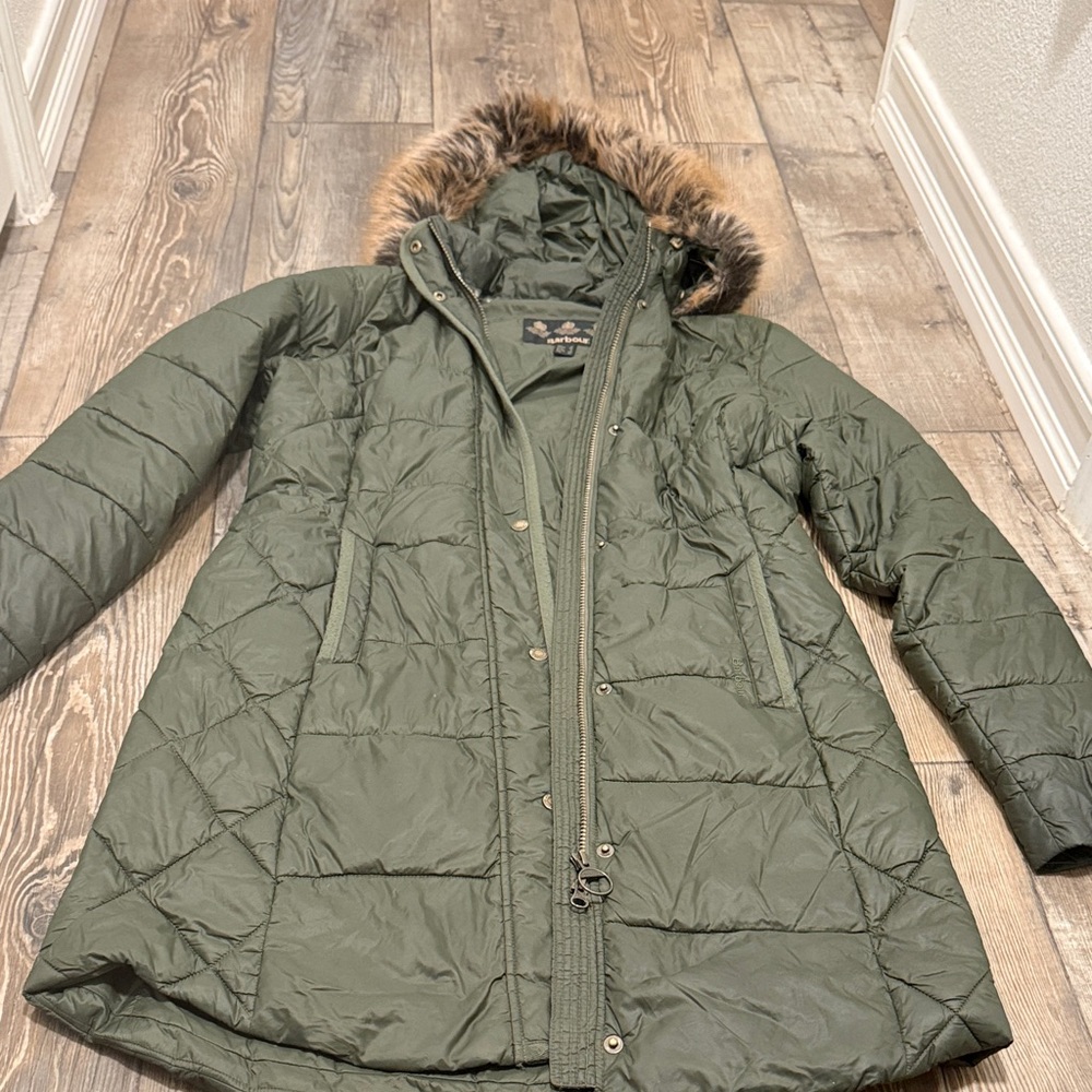 Barbour Olive Puffer Jacket with Faux Fur Trim